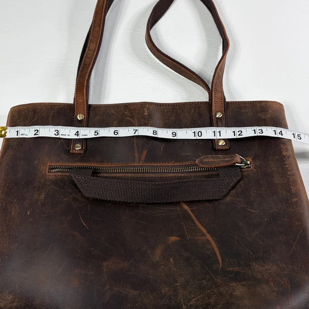 S-Zone Distressed Leather Tote Bag Brown Laptop Work Bag + Card Holder - Picture 11 of 13